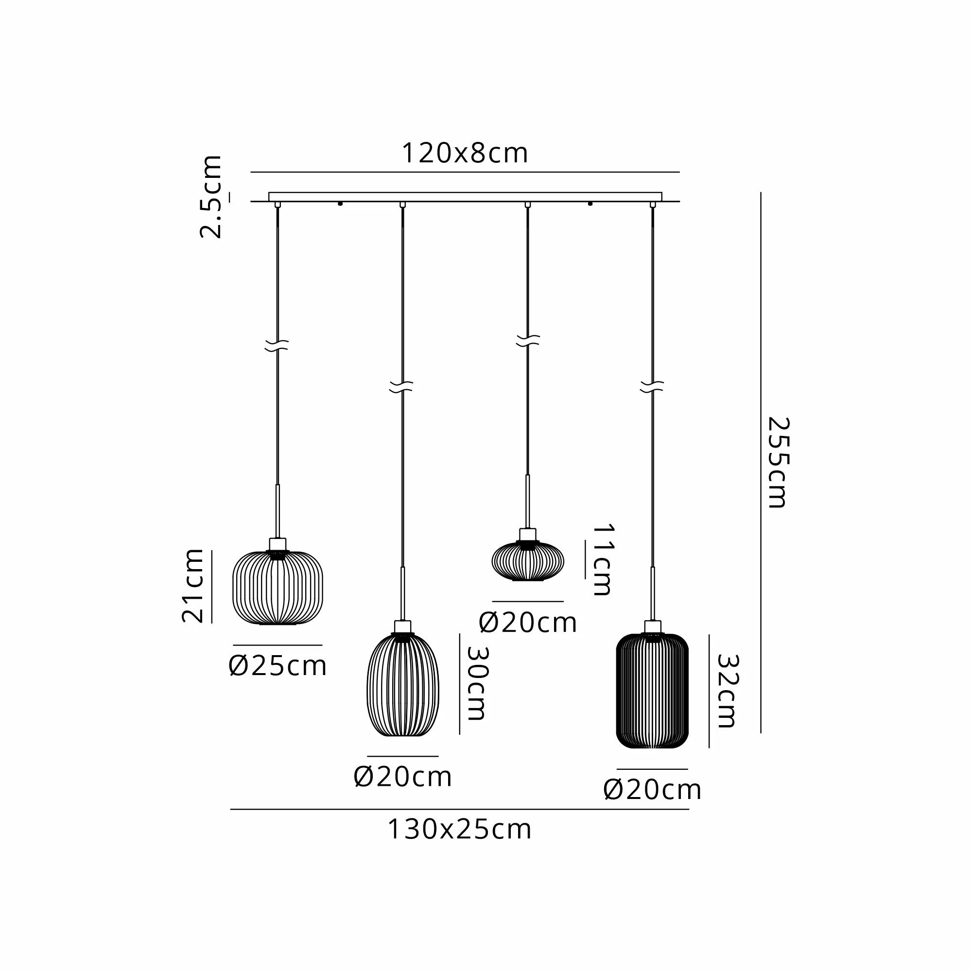 DK1233  Lori Linear Pendant, 4 Light Adjustable E27, Antique Gold/Smoke Various Ribbed Shades